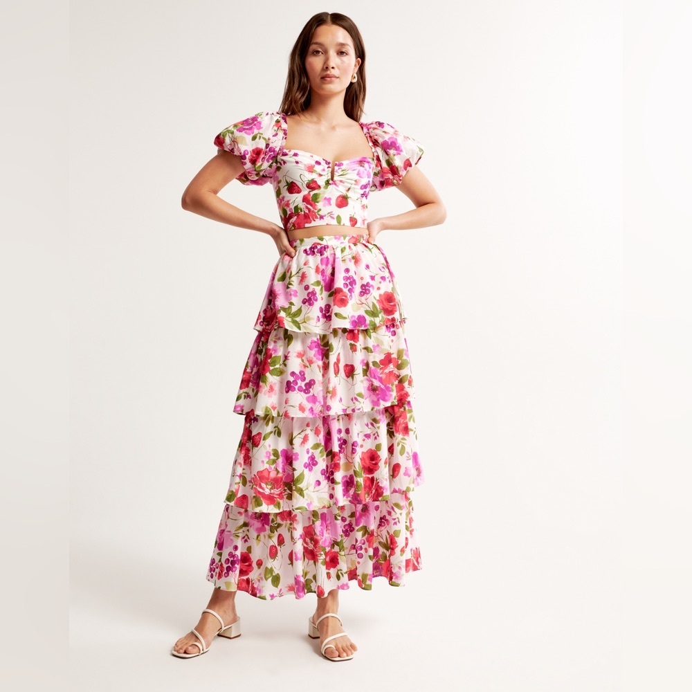 Abercrombie Pink Floral Crop Top and Ruffled Tiered Maxi Skirt Set